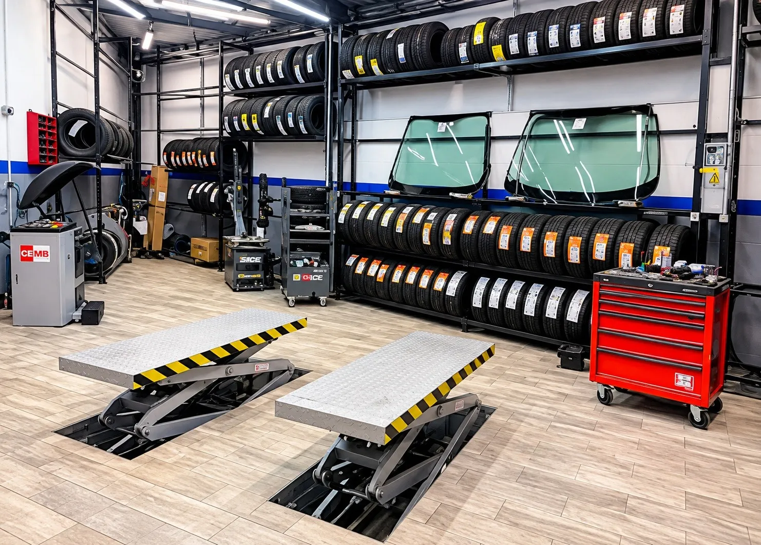 Atelier du Garage Saint Jérôme : ponts élévateurs, pneus et pare-brise en stock