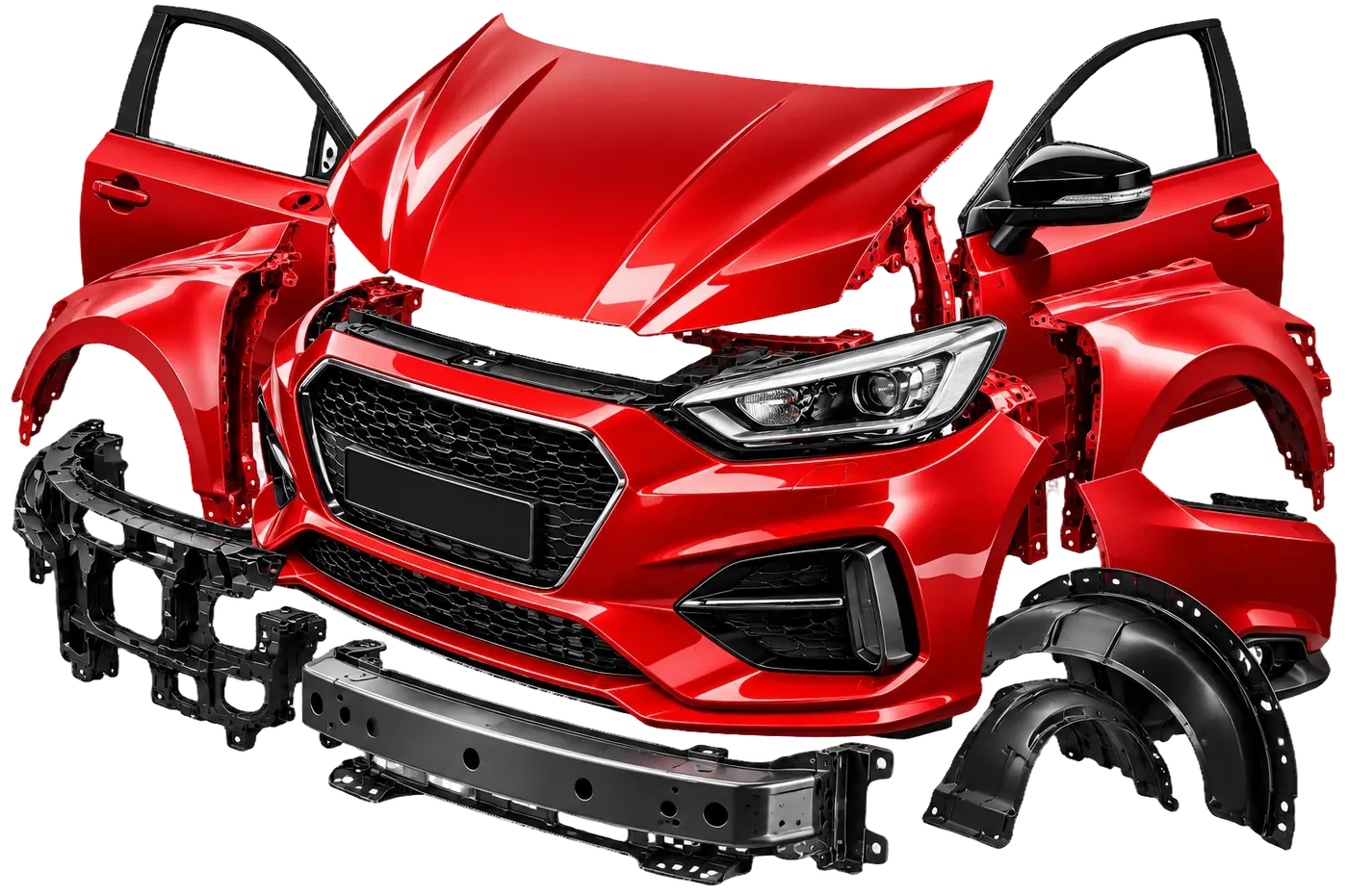Éléments de carrosserie rouges : capot, portières, ailes, pare-chocs et renforts